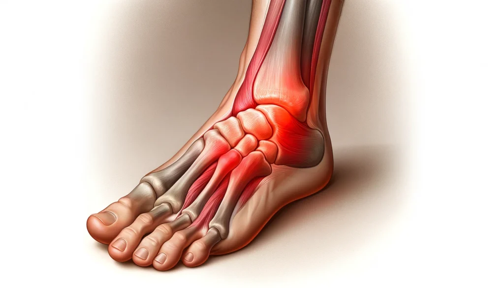 A diagram of a foot demonstrating pain on top of foot